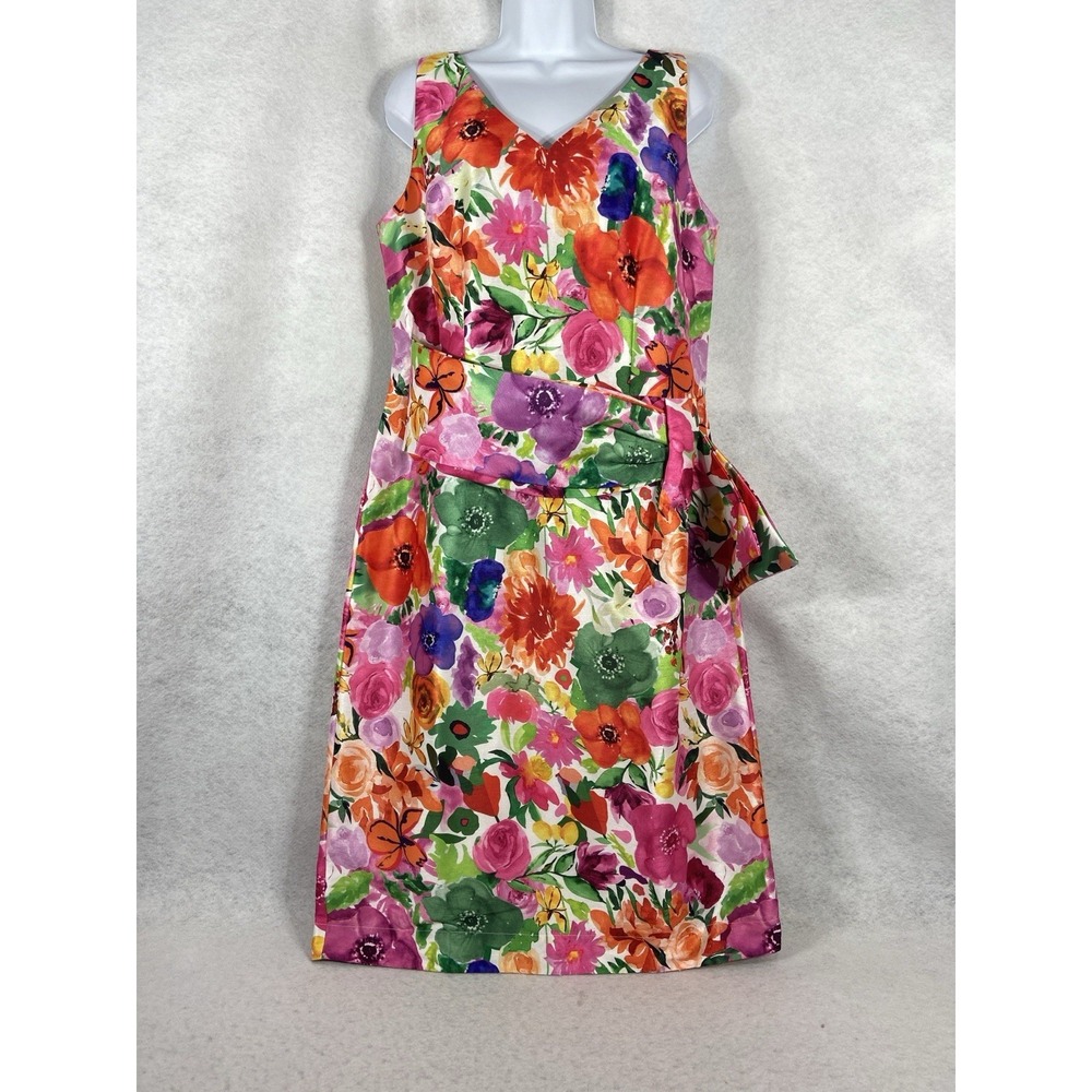 Eshakti Dress Women's L-14 Red Pink Sheath Floral Sleeveless Bow